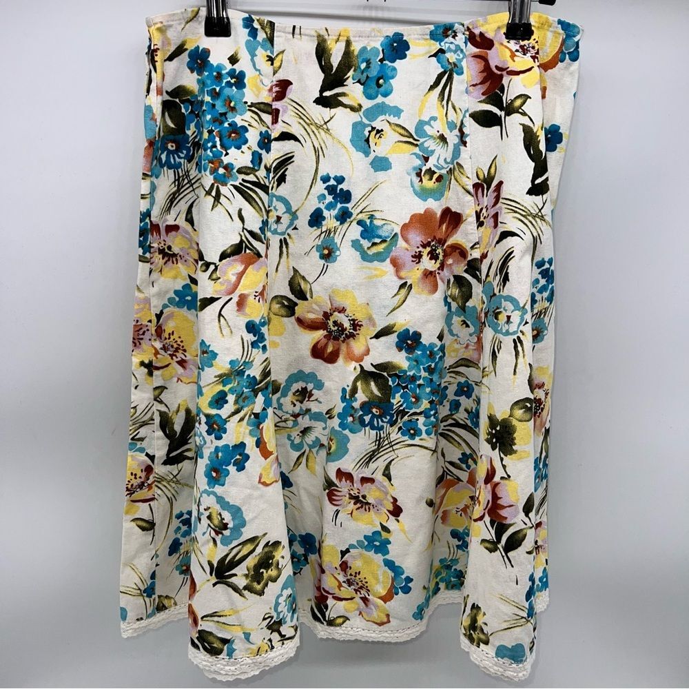 Sherry Taylor Linen Cotton Blend Women's Floral Flare Skirt w/Cotton Lace Trim-S